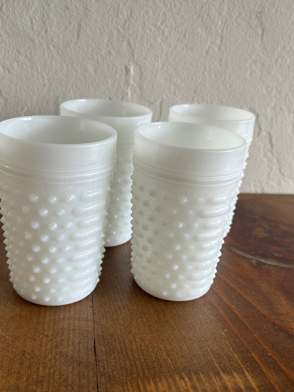 4 vintage Anchor Hocking hobnail depression milk glass tumblers